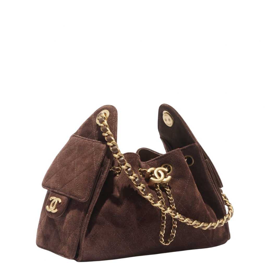 Chanel 25 Mini Handbag Suede Calfskin & Gold Metal Dark Brown - Castel Clothing