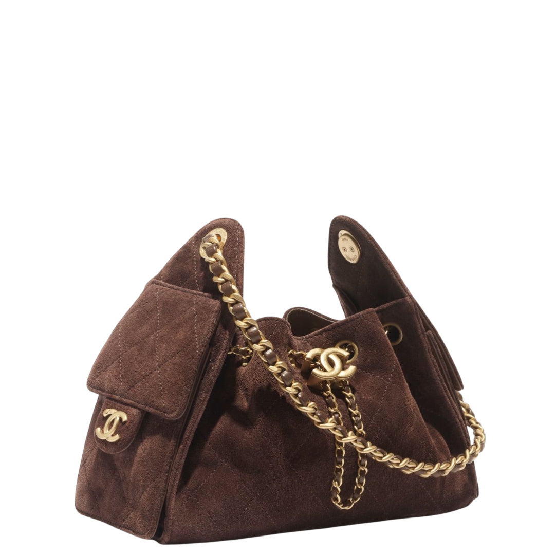 Chanel 25 Mini Handbag Suede Calfskin & Gold Metal Dark Brown - Castel Clothing