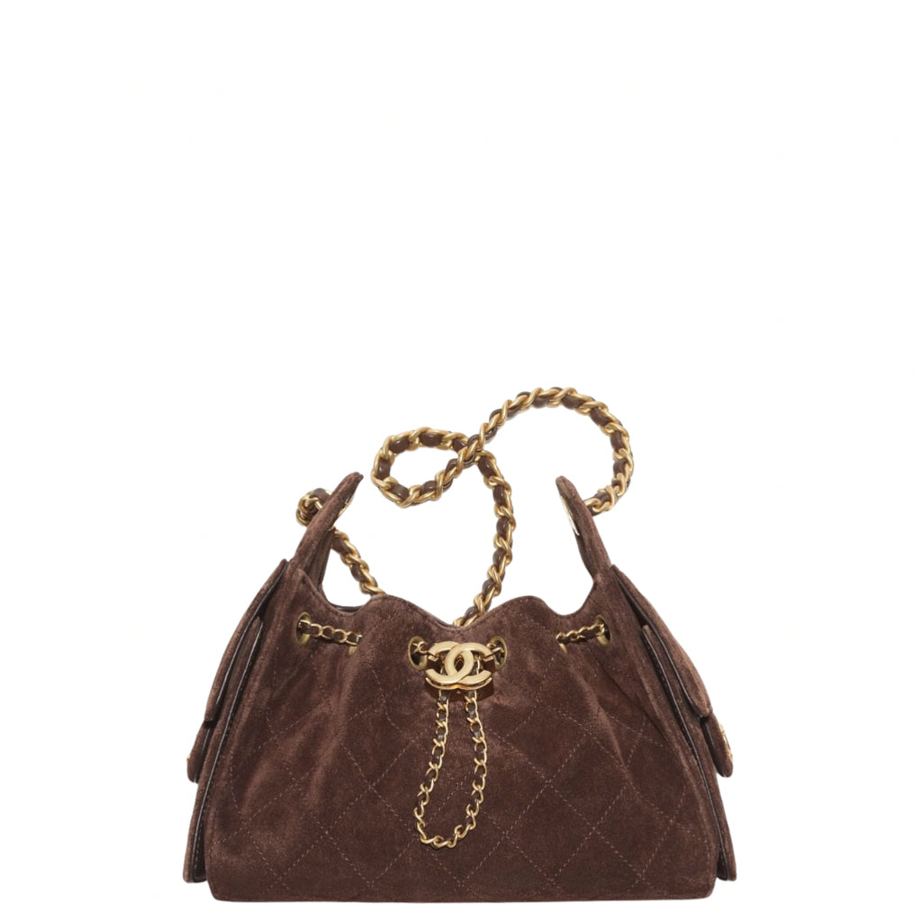 Chanel 25 Mini Handbag Suede Calfskin & Gold Metal Dark Brown - Castel Clothing