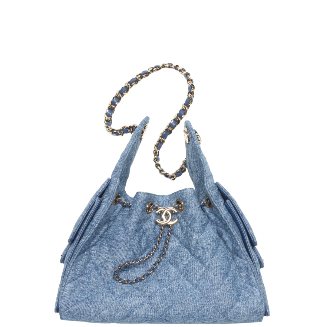 Chanel 25 Small Handbag Washed Denim & Gold-Tone Metal Blue - Castel Clothing