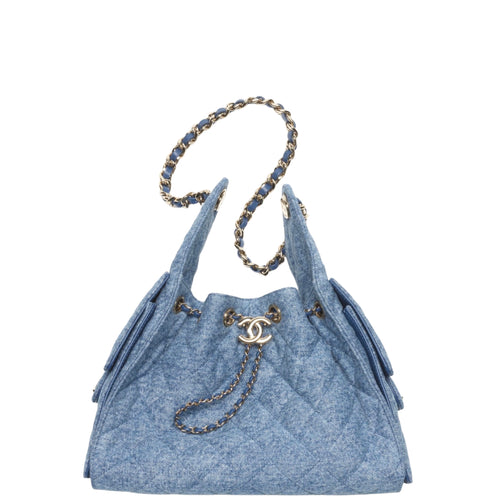 Chanel 25 Small Handbag Washed Denim & Gold-Tone Metal Blue - Castel Clothing