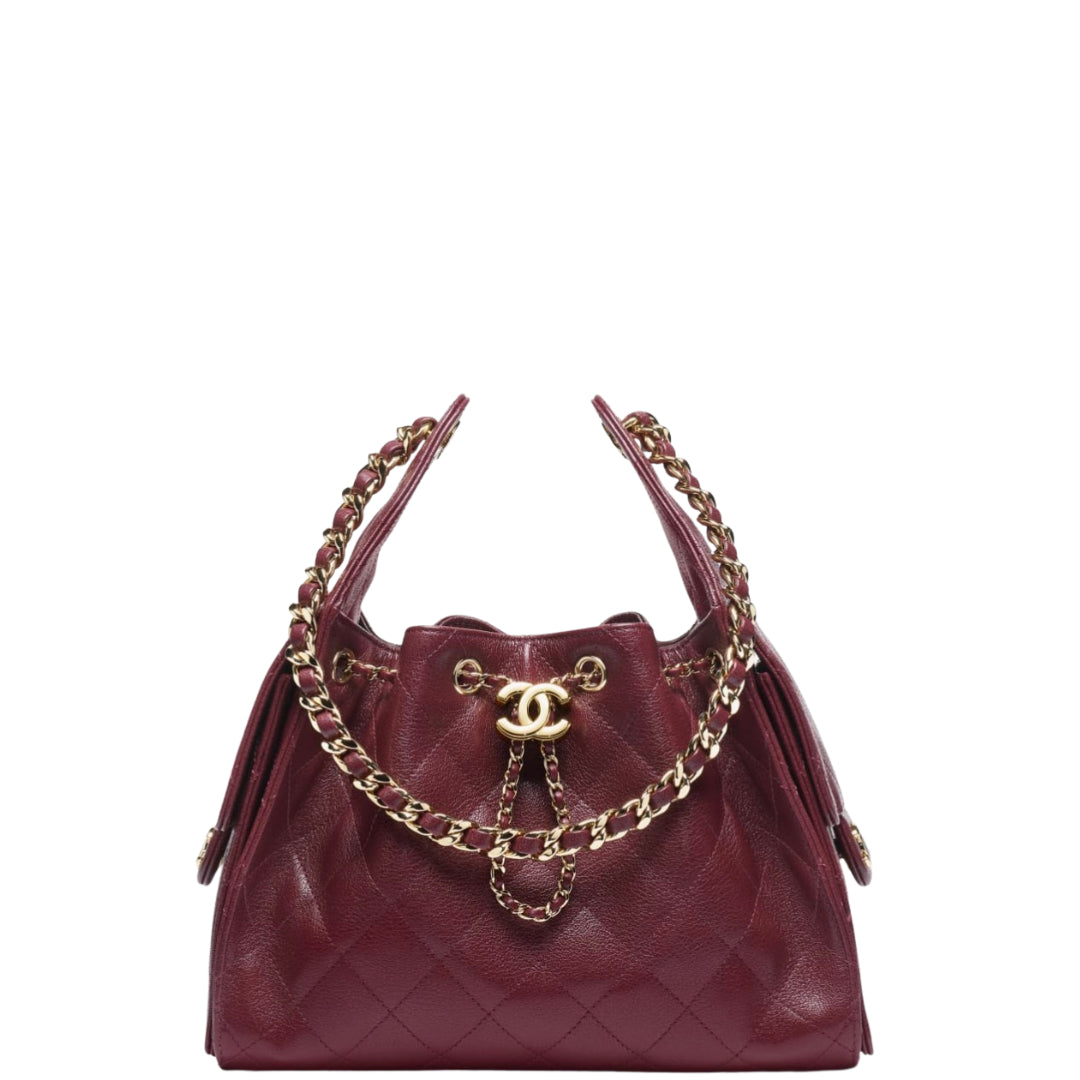 Chanel 25 Small Handbag Grained Shiny Calfskin & Gold-Tone Metal Dark Burgundy - Castel Clothing