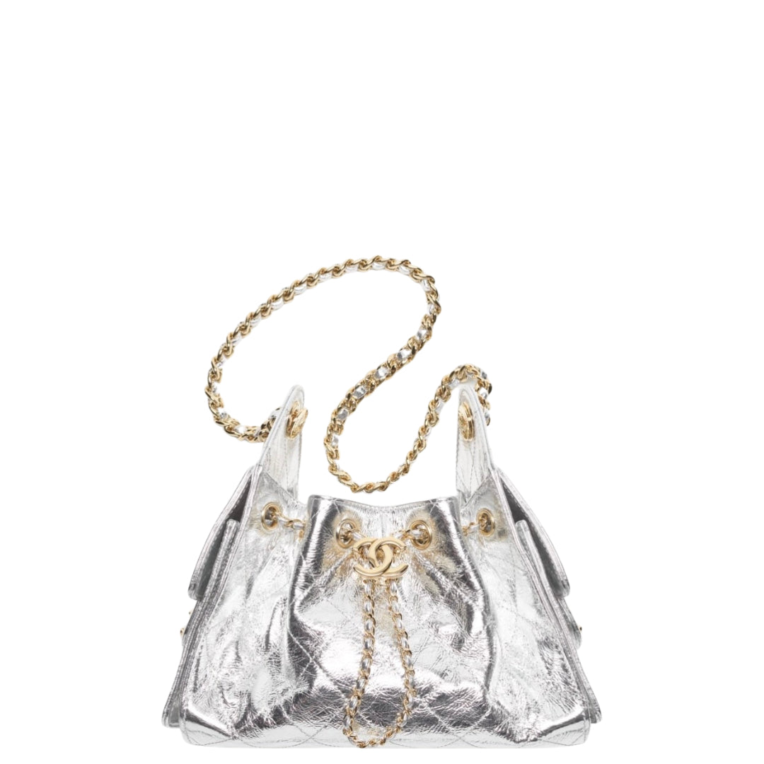 Chanel 25 Mini Handbag Metallic Calfskin & Gold Metal Silvery - Castel Clothing