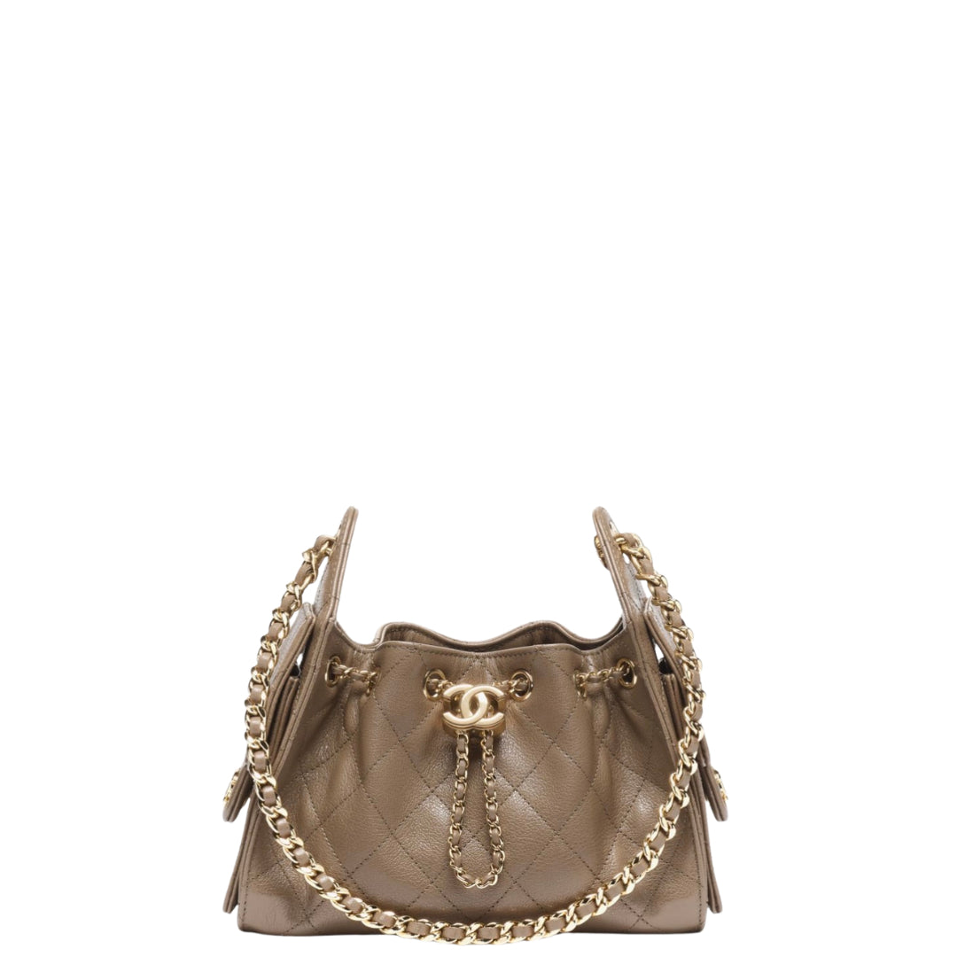 Chanel 25 Mini Handbag Grained Shiny Calfskin & Gold-Tone Metal Dark Khaki - Castel Clothing