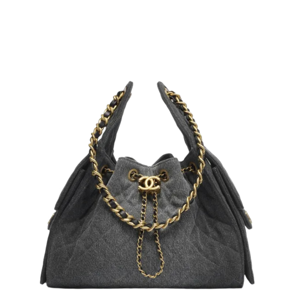 Chanel 25 Small Handbag Hobo Washed Denim & Gold-Tone Metal Black - Castel Clothing