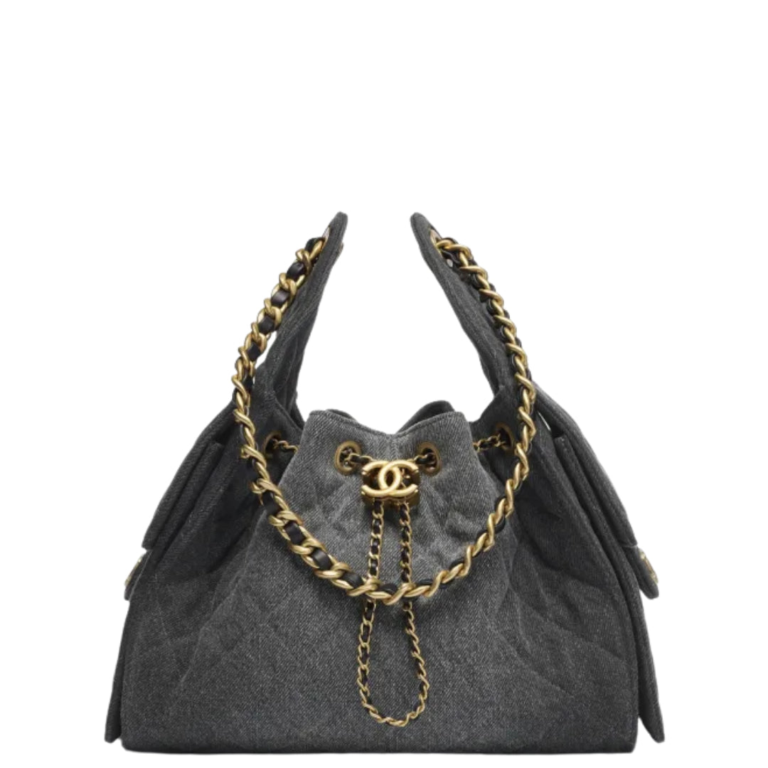 Chanel 25 Small Handbag Hobo Washed Denim & Gold-Tone Metal Black - Castel Clothing
