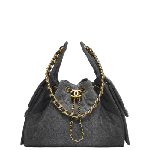 Chanel 25 Small Handbag Hobo Washed Denim & Gold-Tone Metal Black - Castel Clothing