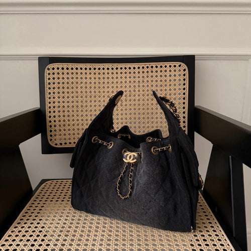 Chanel 25 Small Handbag Hobo Washed Denim & Gold-Tone Metal Black - Castel Clothing