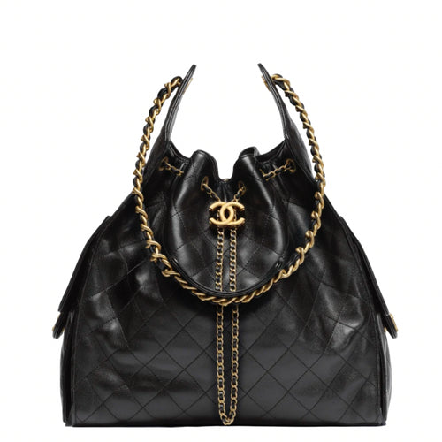 Chanel 25 Medium Handbag Hobo Grained Calfskin & Gold Tone Metal Black - Castel Clothing