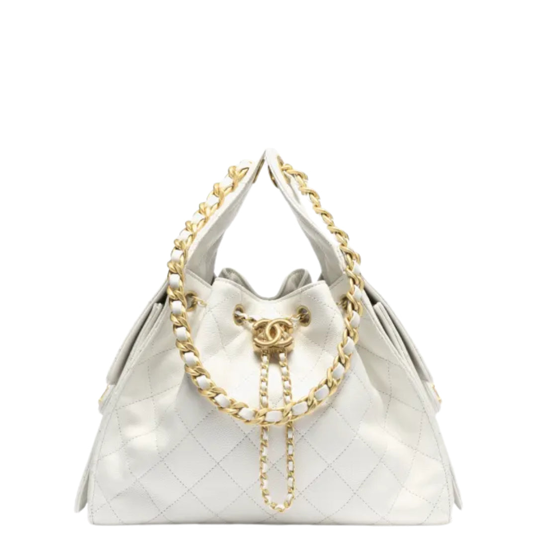 Chanel 25 Small Handbag Hobo Grained Calfskin & Gold-Tone Metal White - Castel Clothing
