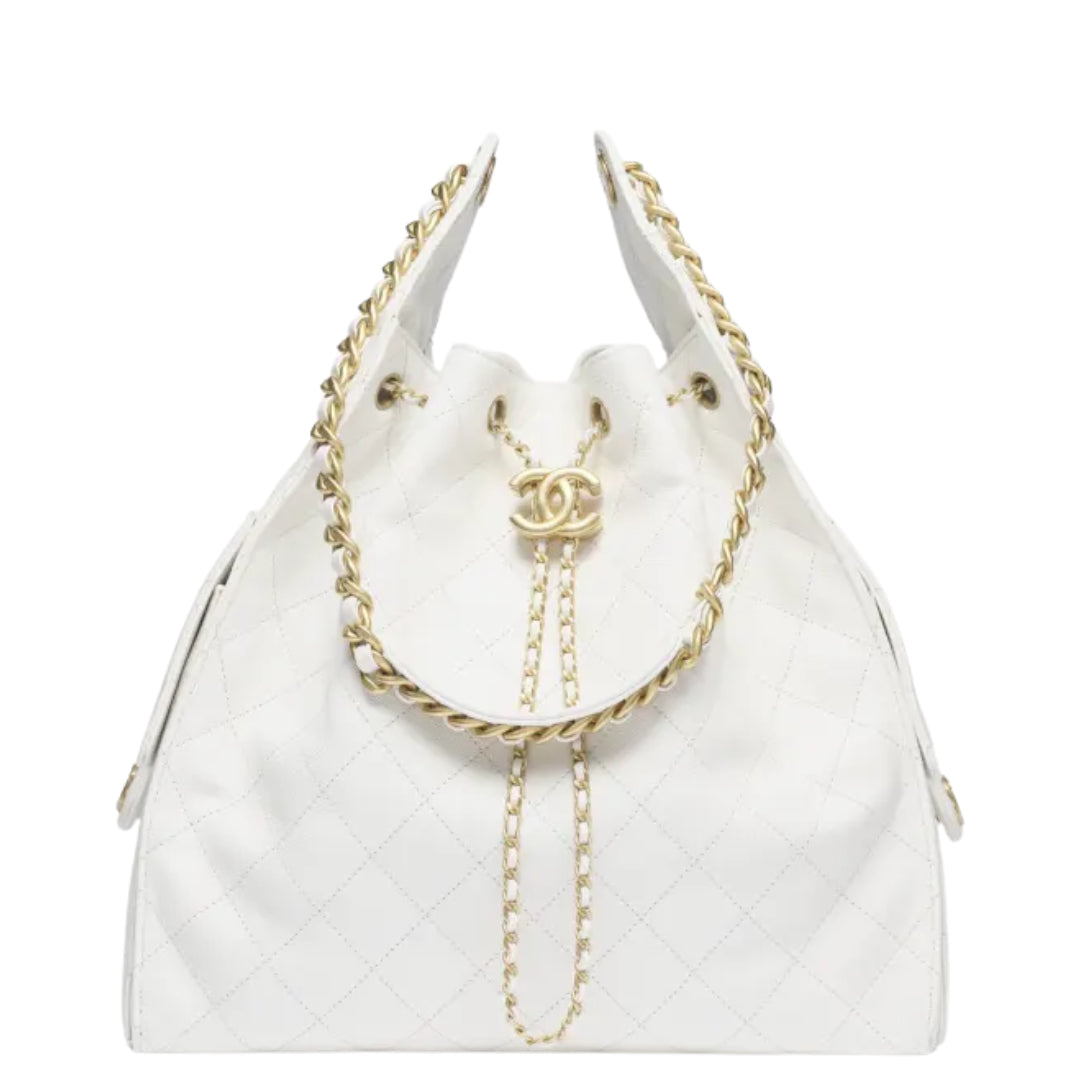 Chanel 25 Medium Handbag Hobo Grained Calfskin & Gold-Tone Metal White - Castel Clothing