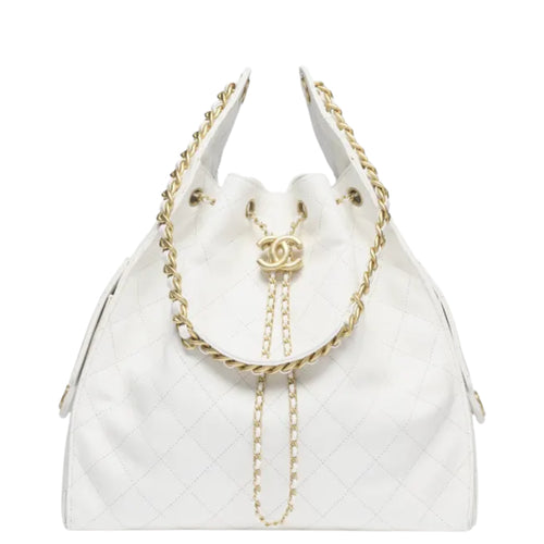 Chanel 25 Medium Handbag Hobo Grained Calfskin & Gold-Tone Metal White - Castel Clothing