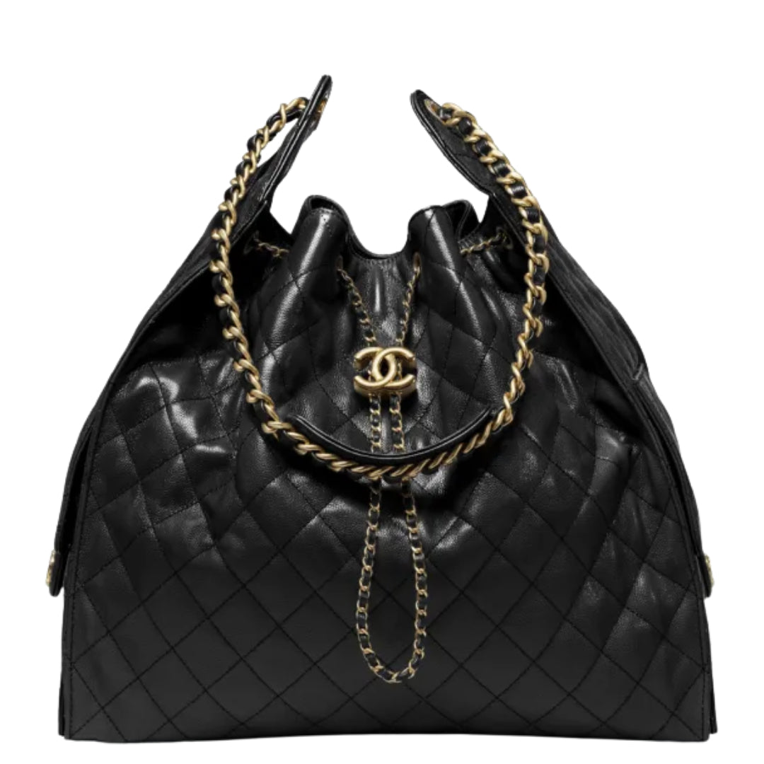 Chanel 25 Large Handbag Hobo Grained Calfskin & Gold Tone Metal Black - Castel Clothing