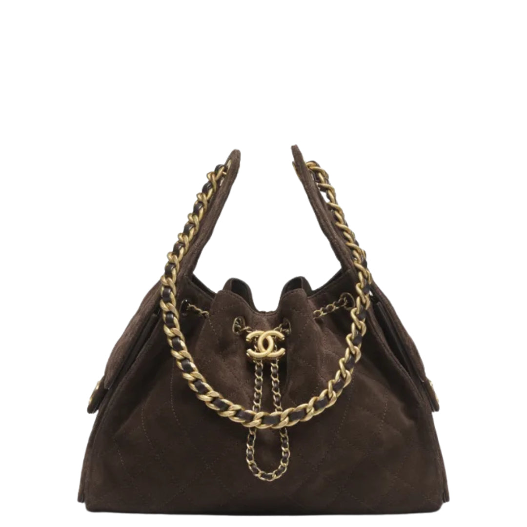 Chanel 25 Small Handbag Suede Calfskin & Gold Metal Dark Brown - Castel Clothing