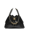 Chanel 25 Small Handbag Shiny Crumpled Calfskin, Gold-Tone & Ruthenium-Finish Metal Black - Castel Clothing