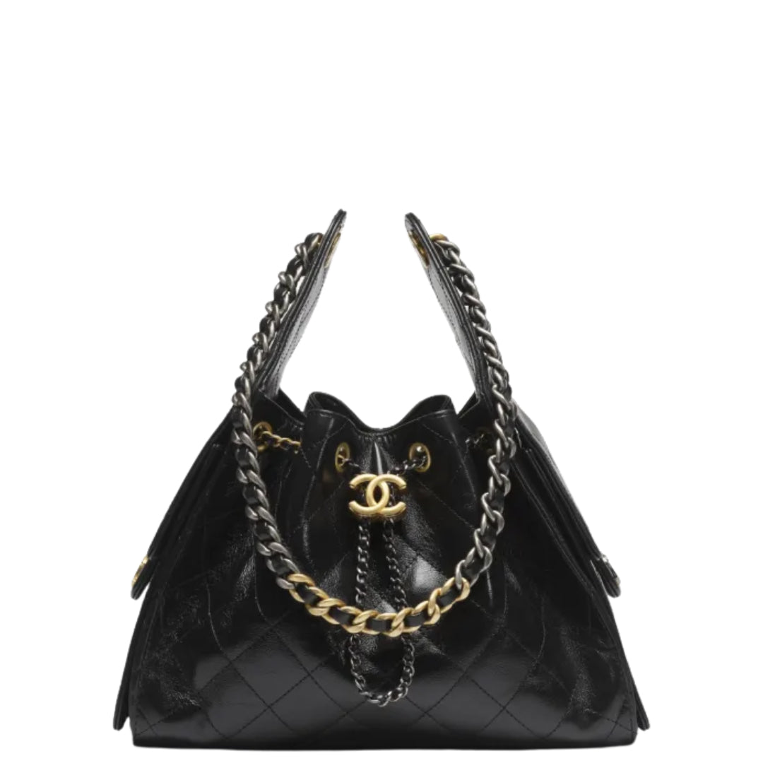Chanel 25 Small Handbag Shiny Crumpled Calfskin, Gold-Tone & Ruthenium-Finish Metal Black - Castel Clothing