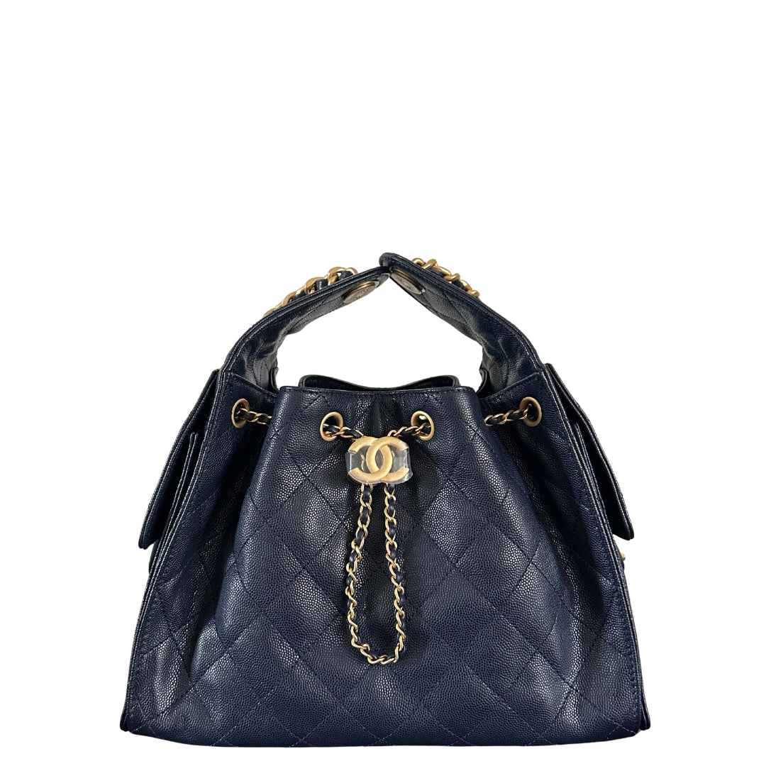 Chanel 25 Small Handbag Hobo Grained Calfskin & Gold-Tone Metal Navy - Castel Clothing
