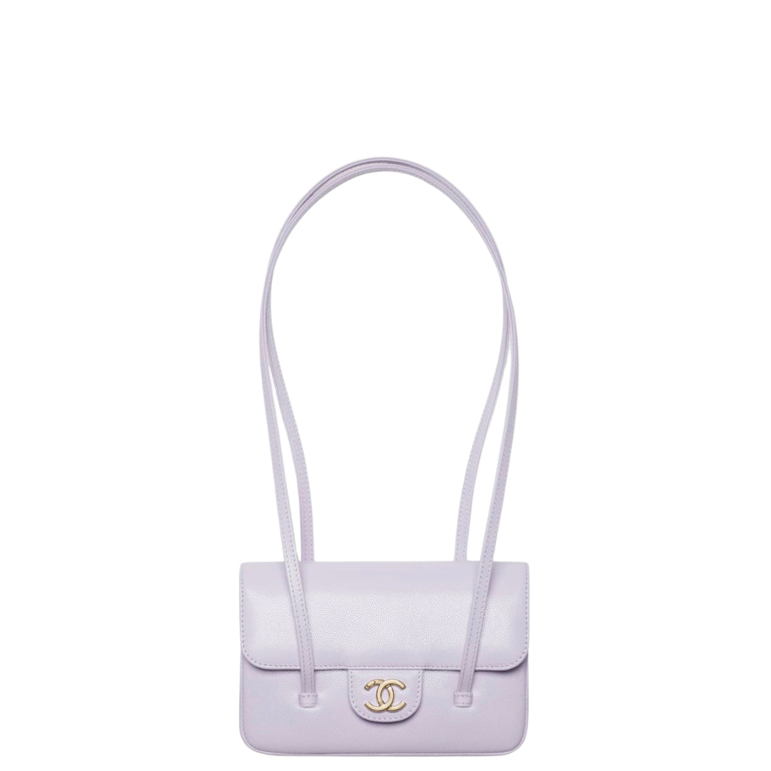Chanel Clutch with Leather Strap, Mini Preppy Flap Bag Grained Shiny Calfskin & Gold-Tone MetalPurple - Castel Clothing