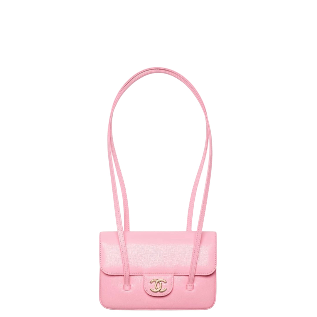 Chanel Clutch with Leather Strap, Mini Preppy Flap Bag Grained Shiny Calfskin & Gold-Tone Metal Pink - Castel Clothing