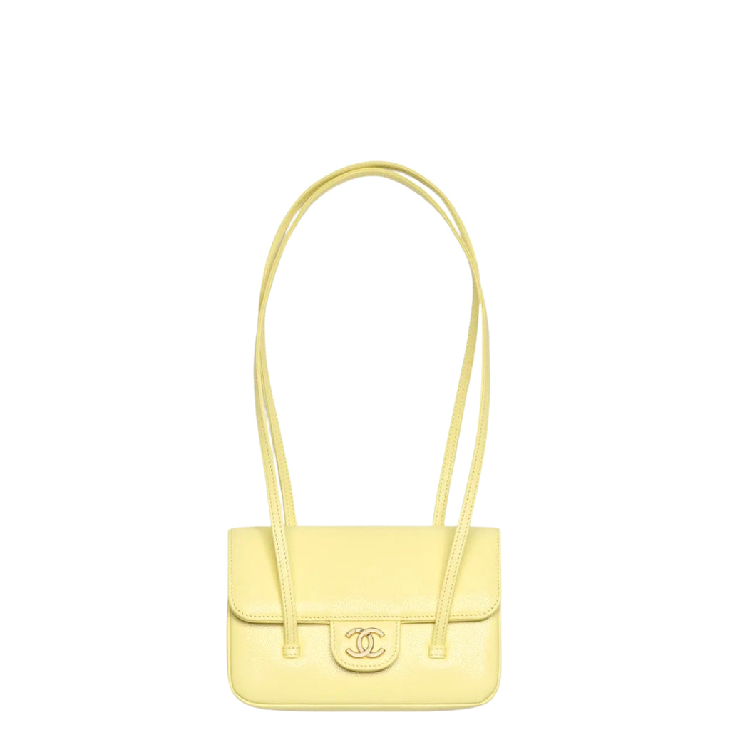Chanel Clutch with Leather Strap, Mini Preppy Flap Bag Grained Shiny Calfskin & Gold-Tone Metal Light Yellow - Castel Clothing