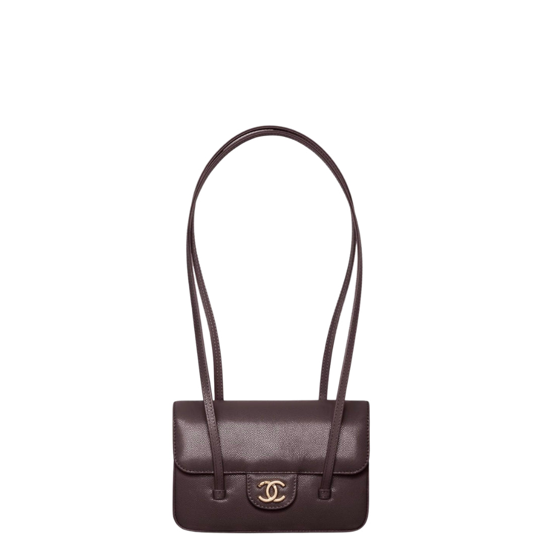 Chanel Clutch with Leather Strap, Mini Preppy Flap Bag Grained Shiny Calfskin & Gold-Tone Metal Dark Brown - Castel Clothing