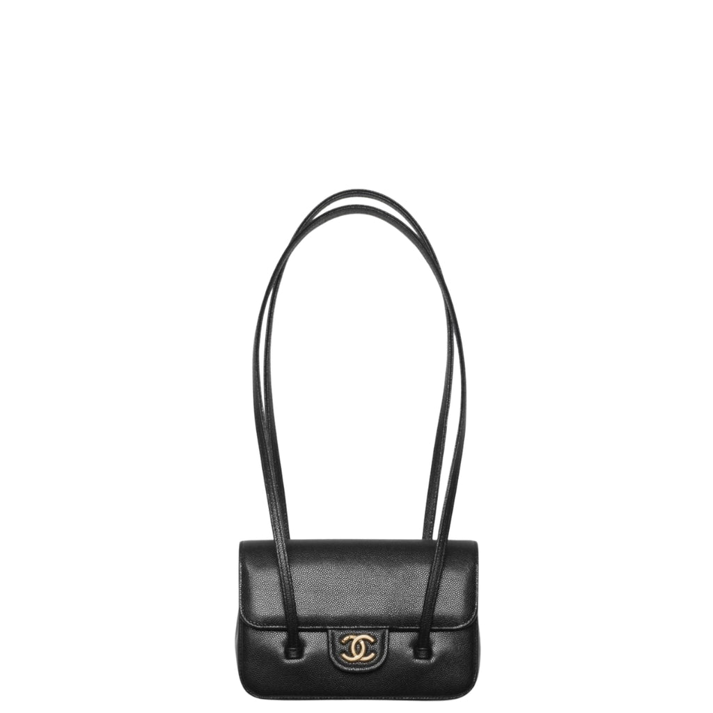 Chanel Clutch with Leather Strap, Mini Preppy Flap Bag Grained Shiny Calfskin & Gold-Tone Metal Black - Castel Clothing