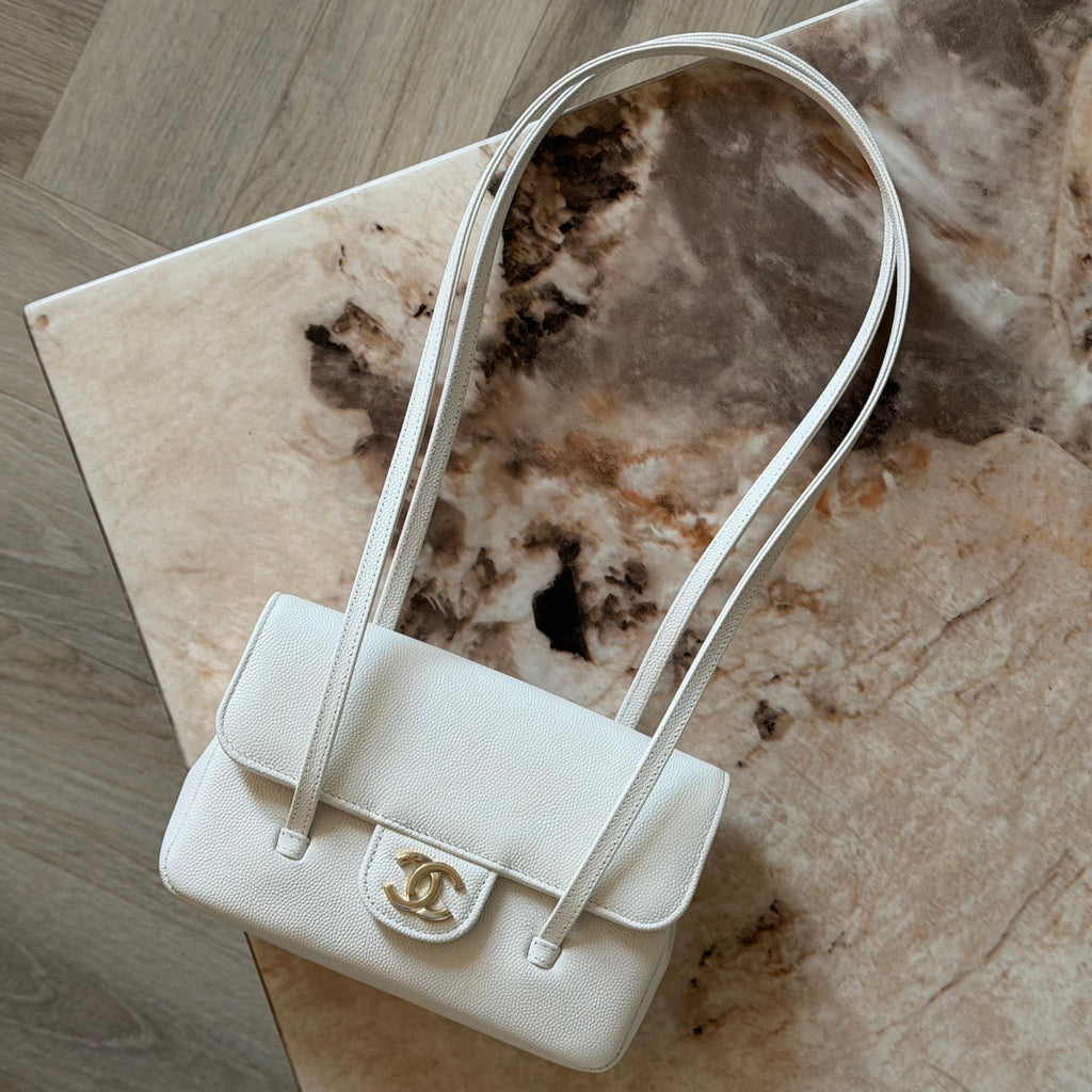 Chanel Clutch with Leather Strap, Mini Preppy Flap Bag Grained Shiny Calfskin & Gold-Tone Metal White - Castel Clothing