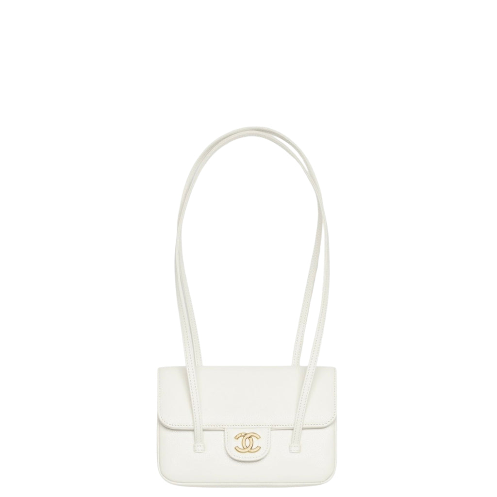 Chanel Clutch with Leather Strap, Mini Preppy Flap Bag Grained Shiny Calfskin & Gold-Tone Metal White - Castel Clothing