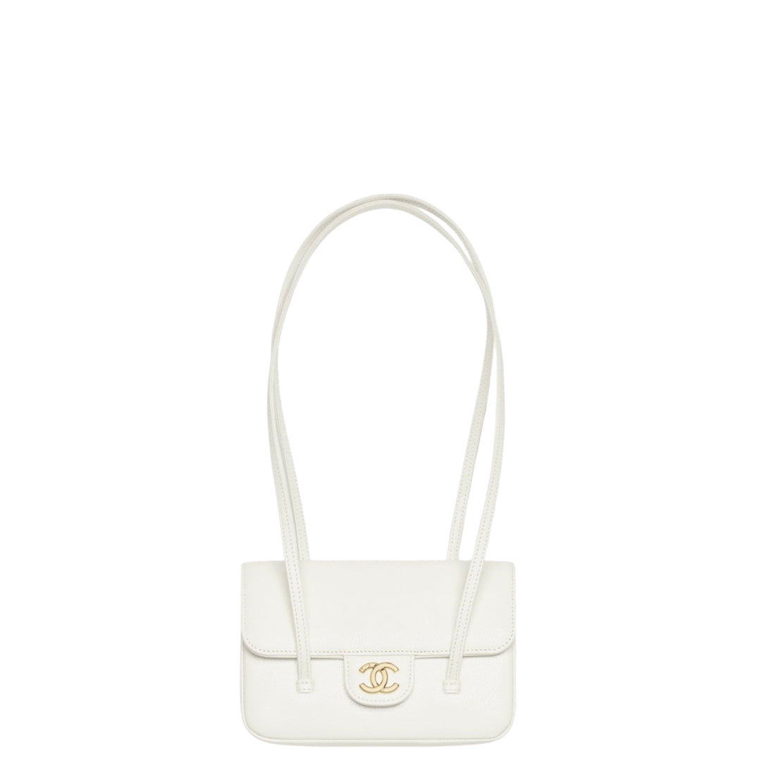 Chanel Clutch with Leather Strap, Mini Preppy Flap Bag Grained Shiny Calfskin & Gold-Tone Metal White - Castel Clothing