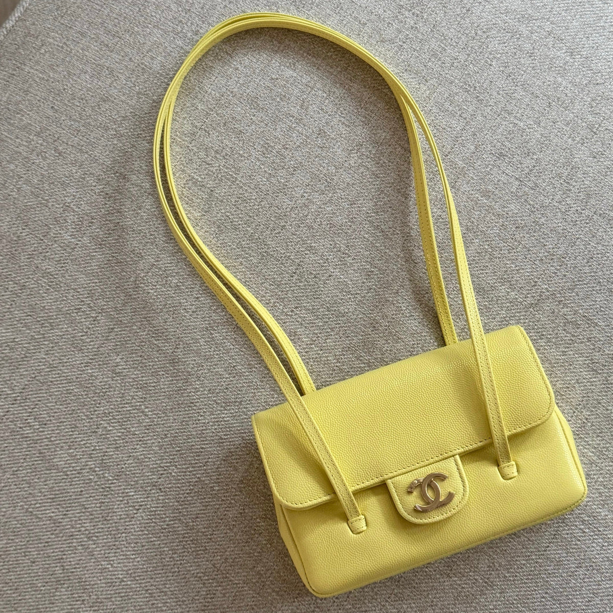 Chanel Clutch with Leather Strap, Mini Preppy Flap Bag Grained Shiny Calfskin & Gold-Tone Metal Light Yellow - Castel Clothing