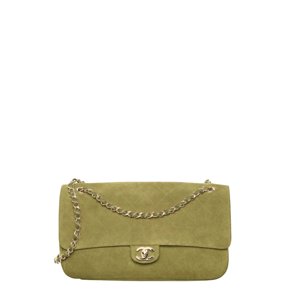 Chanel Maxi Flap Bag Suede Calfskin & Gold Metal Khaki - Castel Clothing