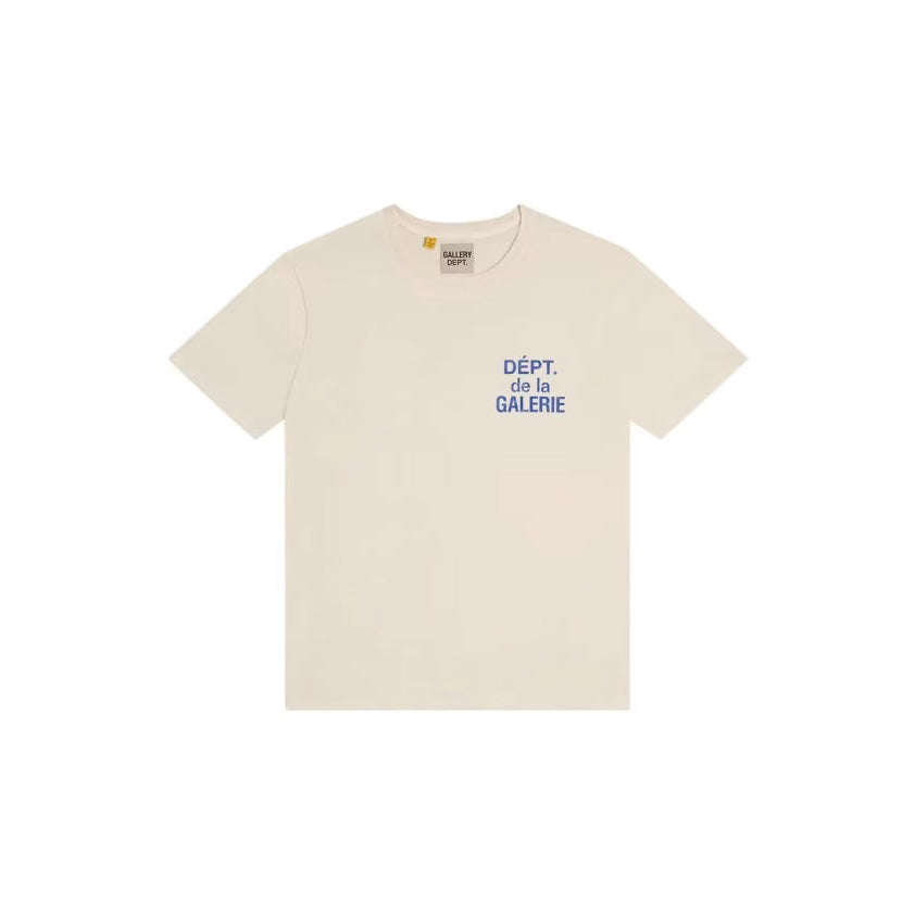 Gallery Dept. Logo Print Cotton T Shirt in Cream and Blue - Castel Clothing