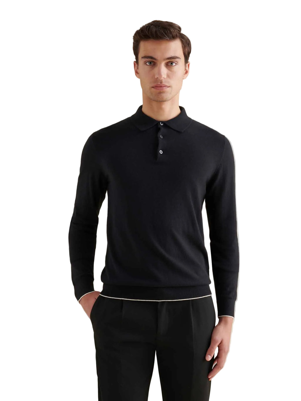 Jersey Knit Long Sleeve Polo Shirt in Black