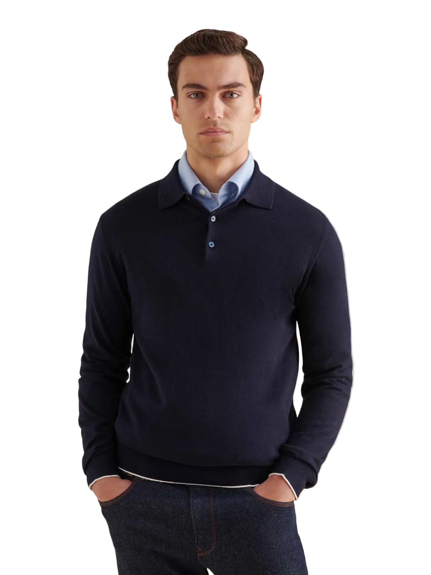 Jersey Knit Long Sleeve Polo Shirt in Dark Sapphire Navy