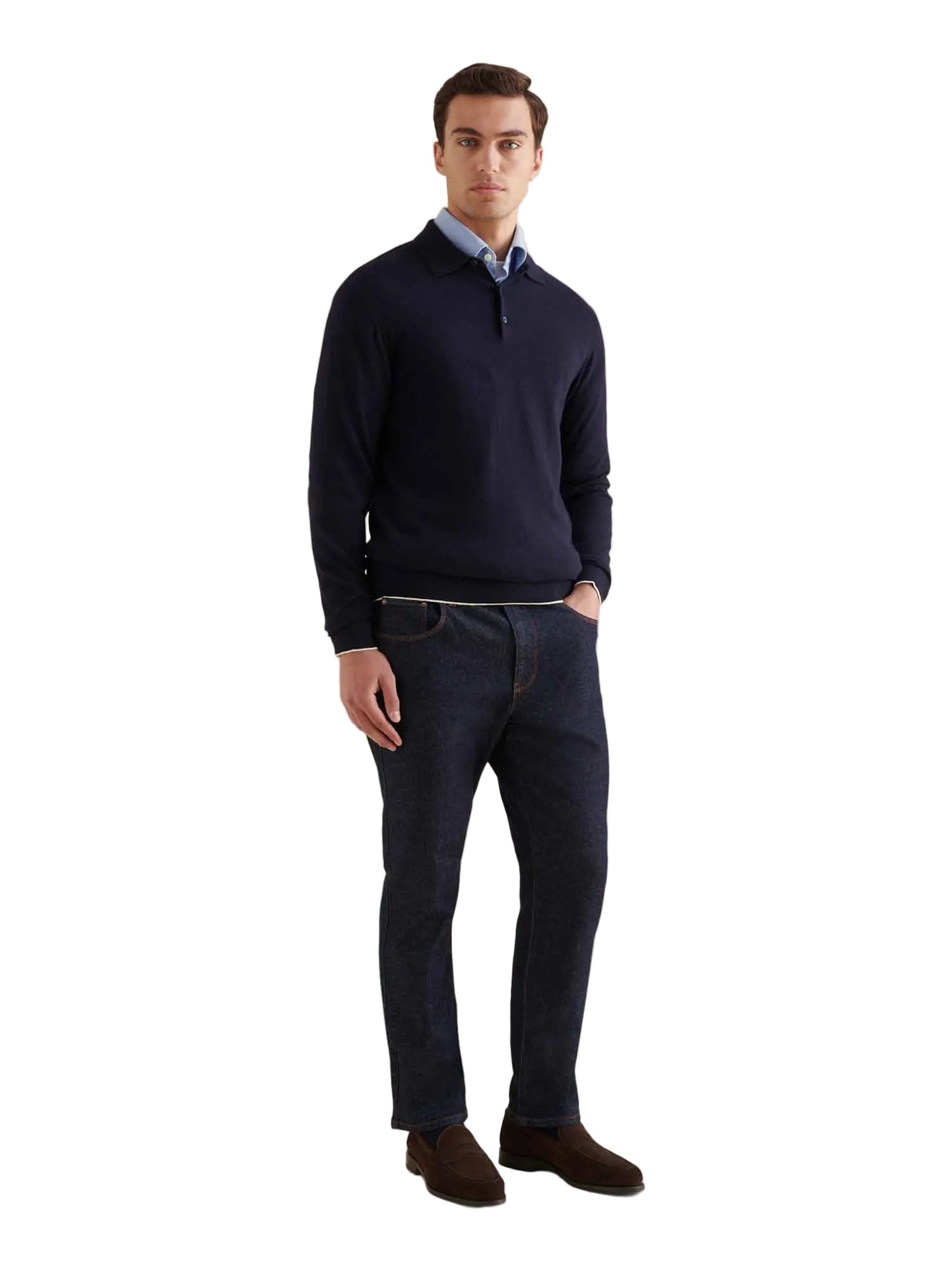 Jersey Knit Long Sleeve Polo Shirt in Dark Sapphire Navy