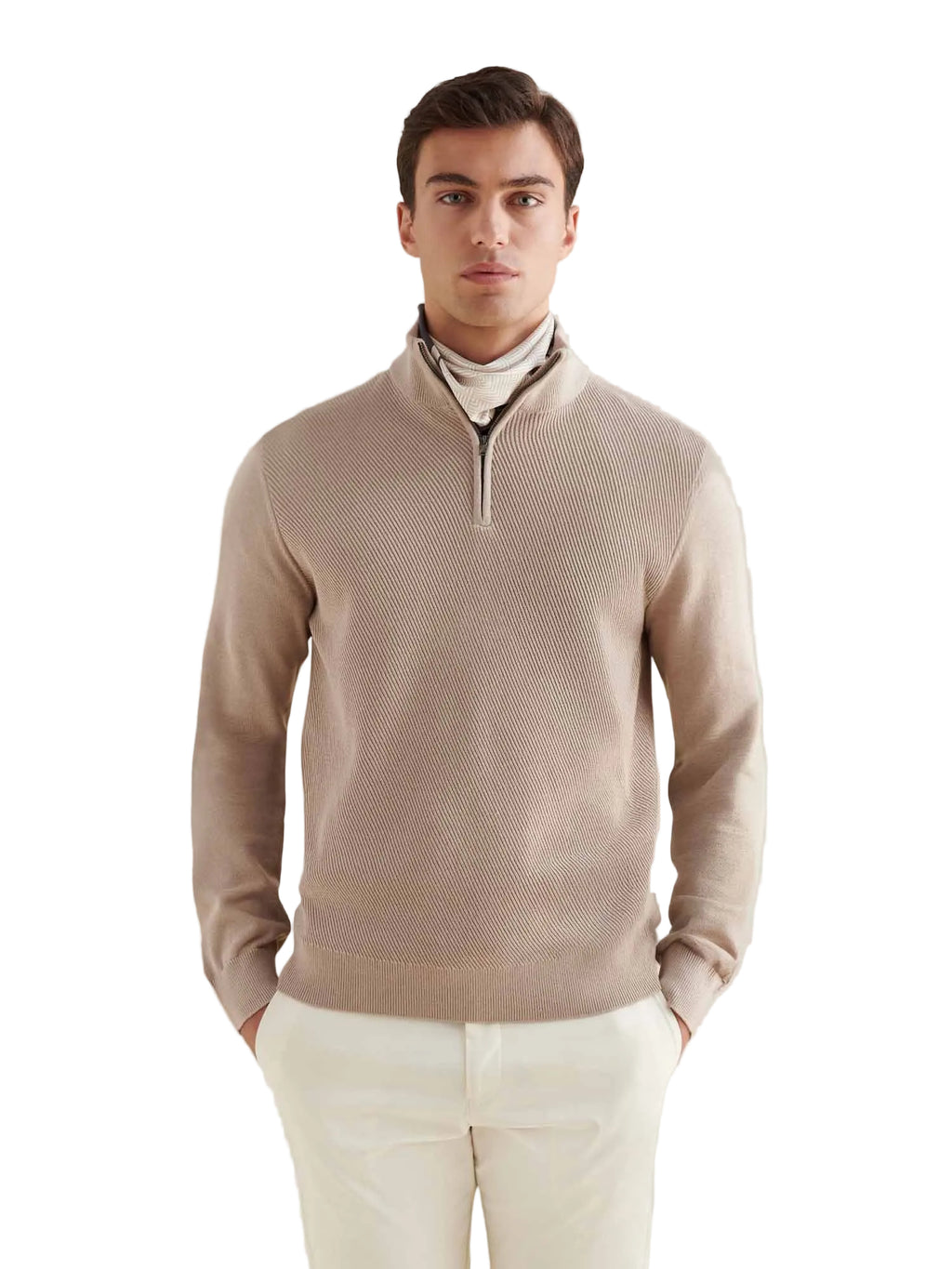 Cotton Blend Rib Knit ¼ Zip in Simply Taupe