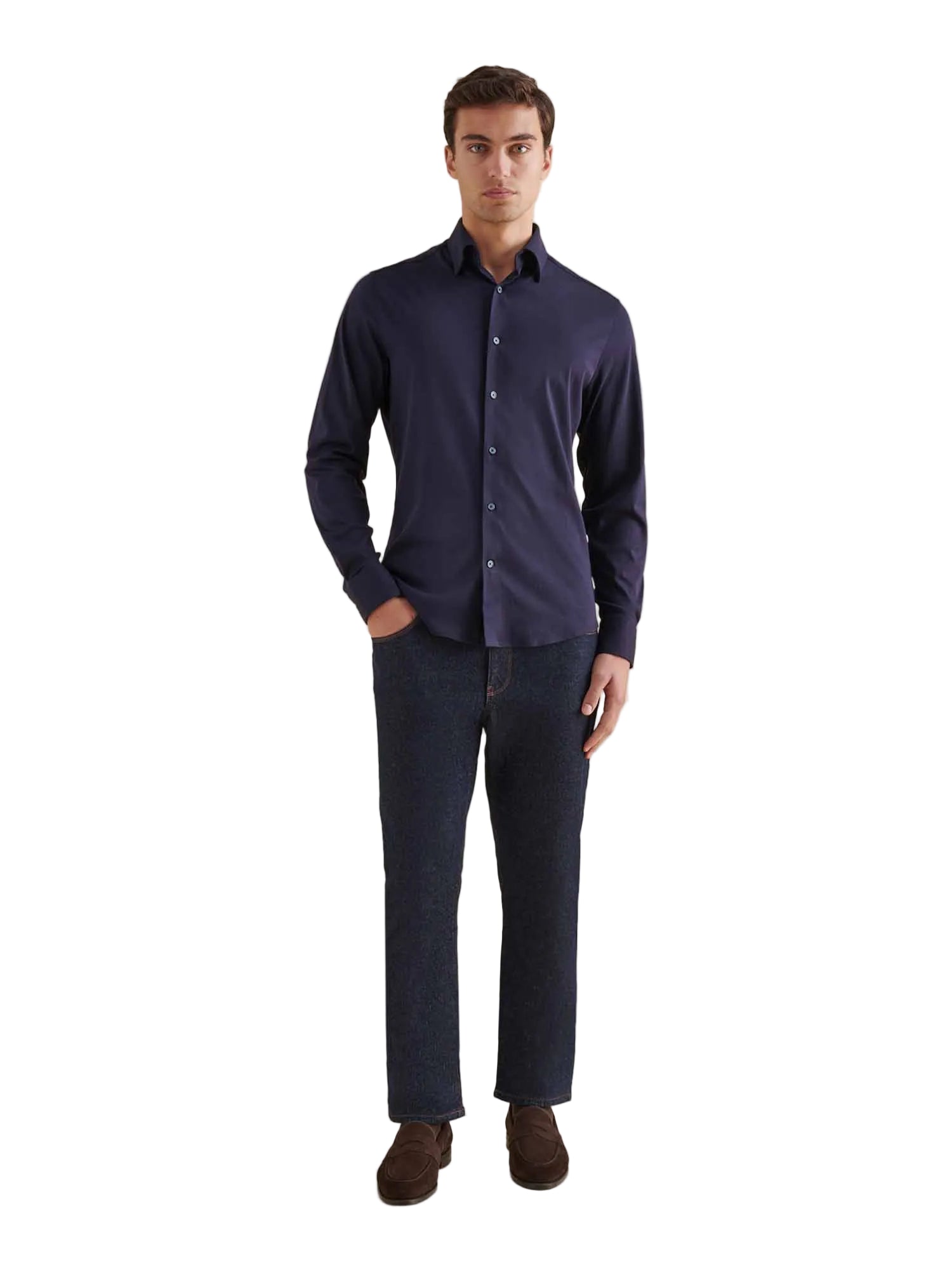 Jersey Hidden-Button Shirt in Dark Sapphire Navy