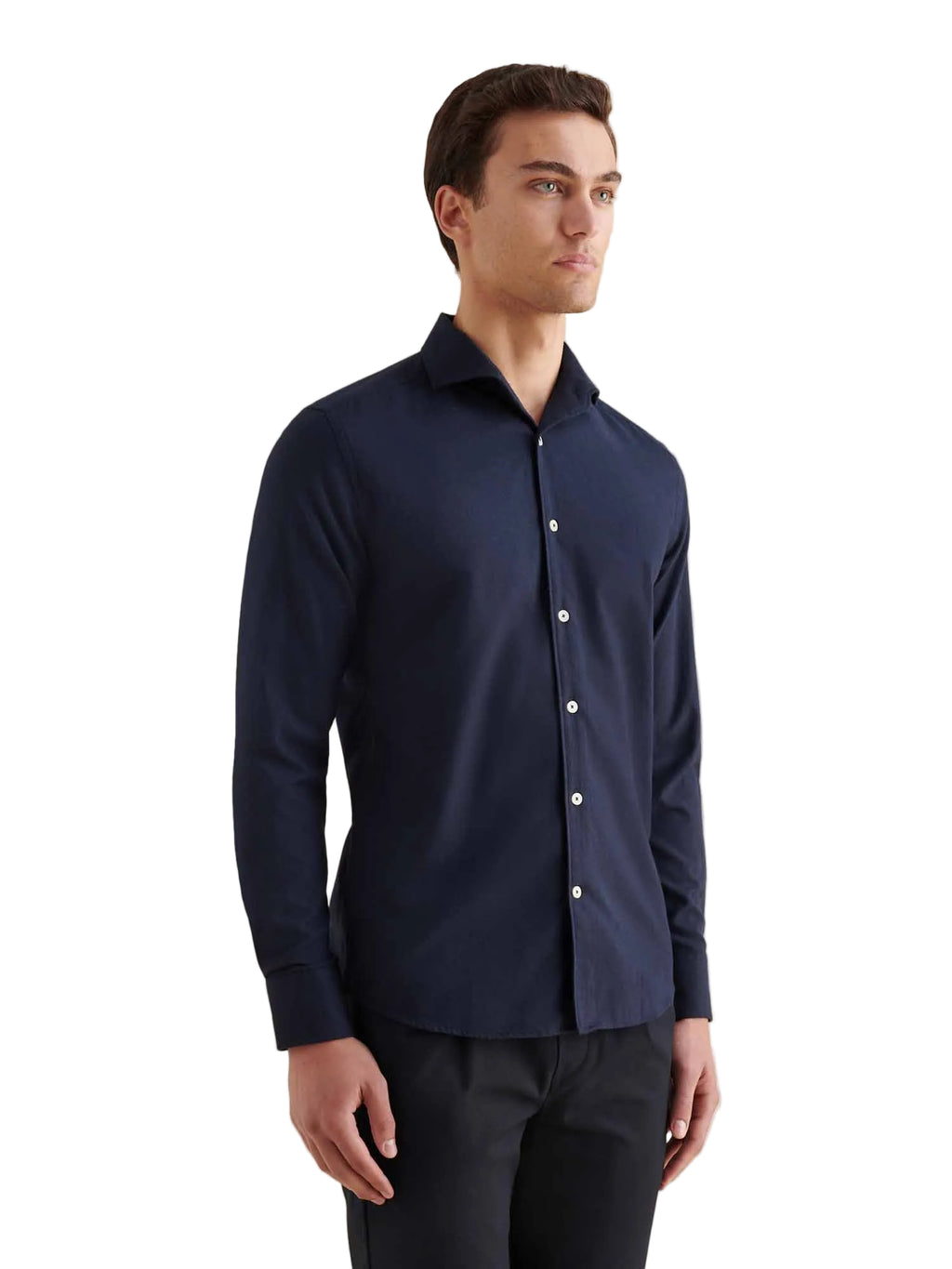 Flannel Herringbone Spread Collar Shirt in Dark Sapphire Navy