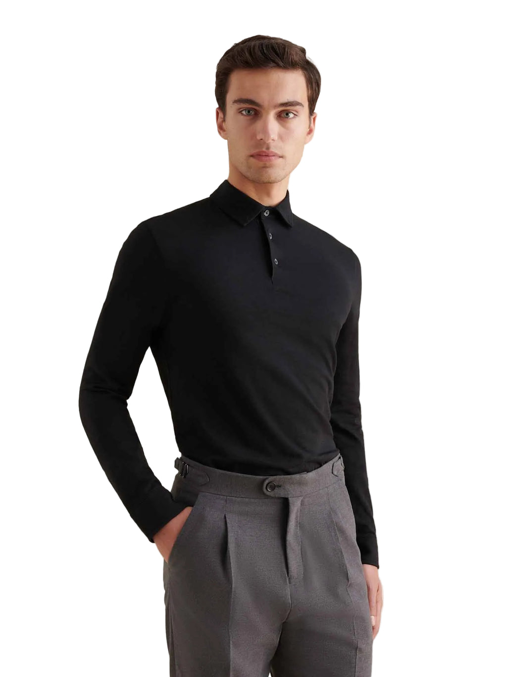 Slub Jersey Long Sleeve Polo Shirt in Black
