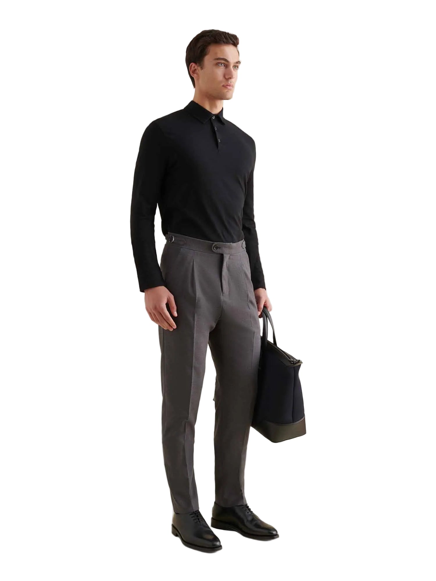 Slub Jersey Long Sleeve Polo Shirt in Black