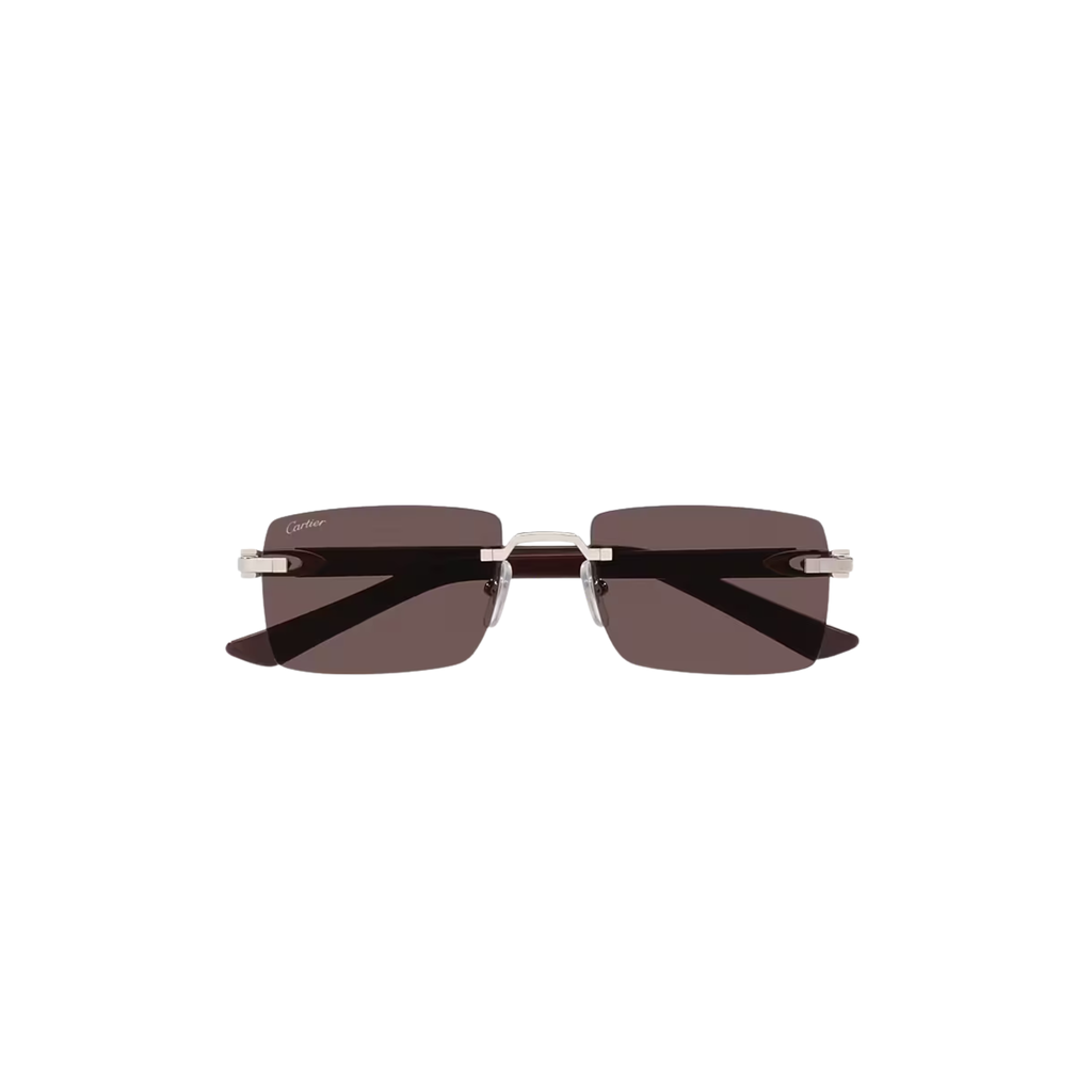 Cartier CT0579S – Signature C Rimless Sunglasses, Silver Frame with Black Lenses