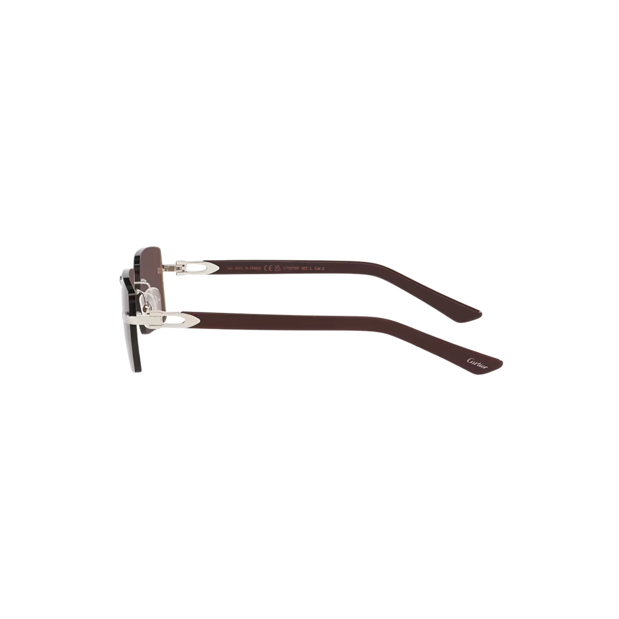 Cartier CT0579S – Signature C Rimless Sunglasses, Silver Frame with Black Lenses
