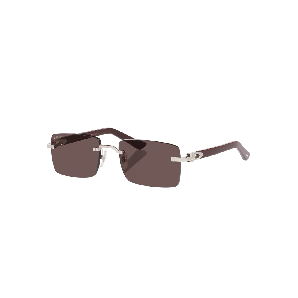 Cartier CT0579S – Signature C Rimless Sunglasses, Silver Frame with Black Lenses