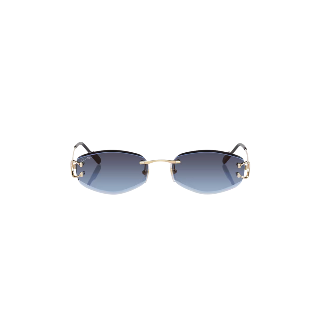 Cartier CT0467S – Décor C Rimless Sunglasses, Gold Frame with Blue Gradient Lenses