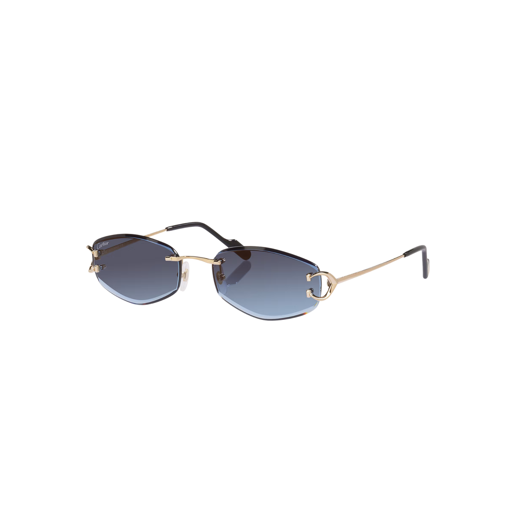Cartier CT0467S – Décor C Rimless Sunglasses, Gold Frame with Blue Gradient Lenses