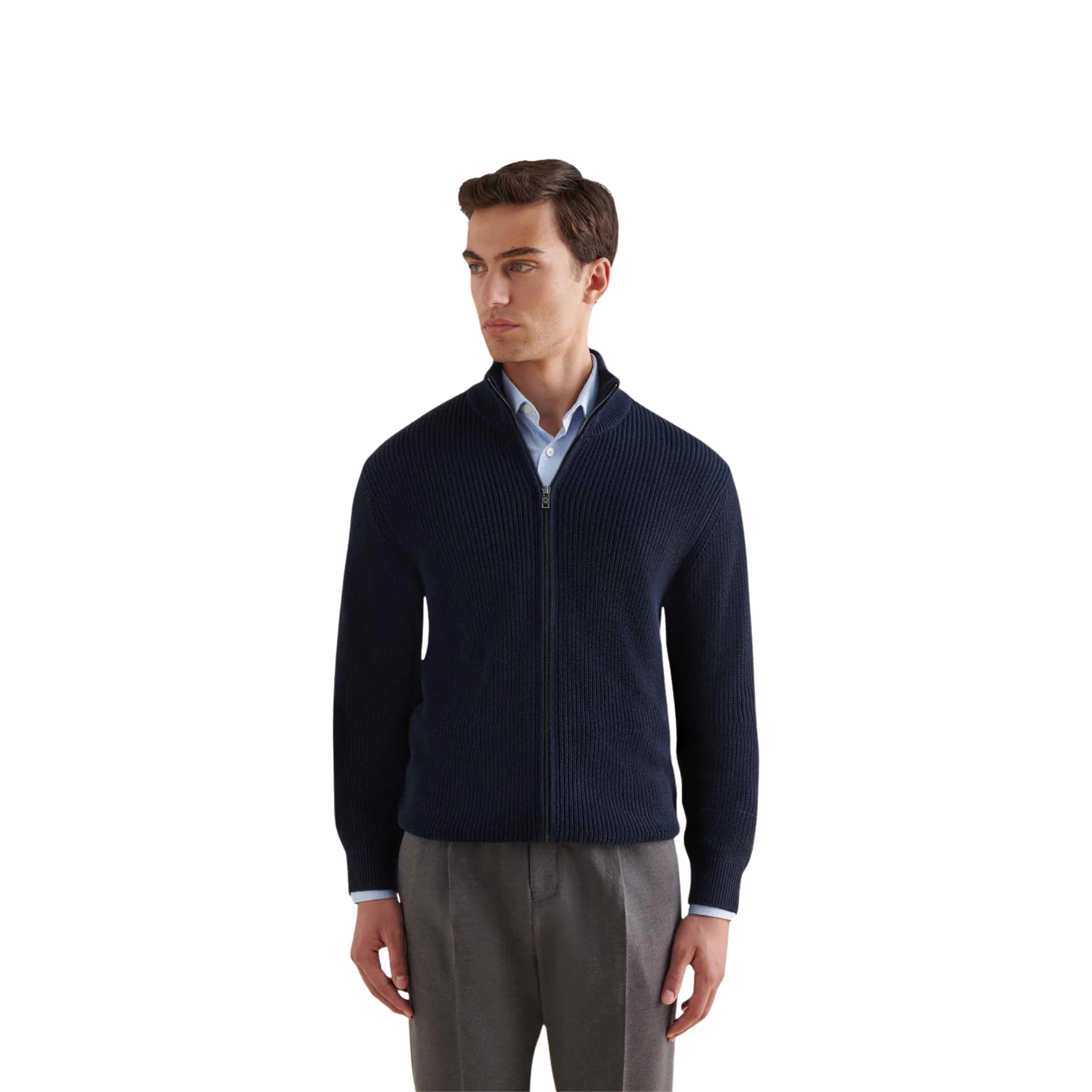 Peckham Rye Cotton Knit Funnel-Neck Zip Cardigan Dark Sapphire